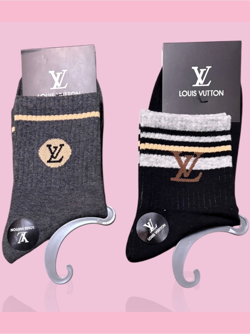 Louis Vuitton unisex Crew Socks in Black, Gray and Beige two pairs